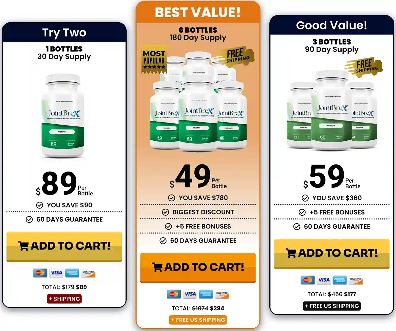 JointBrex Pricing - 1 Bottle $89, 3 Bottles $59 Free Shipping, 6 Bottles $49 Free Shipping and 5 Bonuses